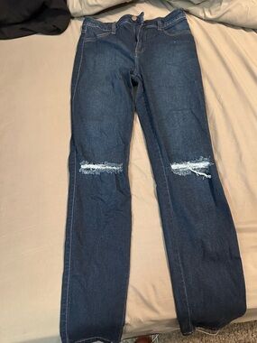 Fashion Nova Dark Blue Straight Leg Distressed Knee Jeans